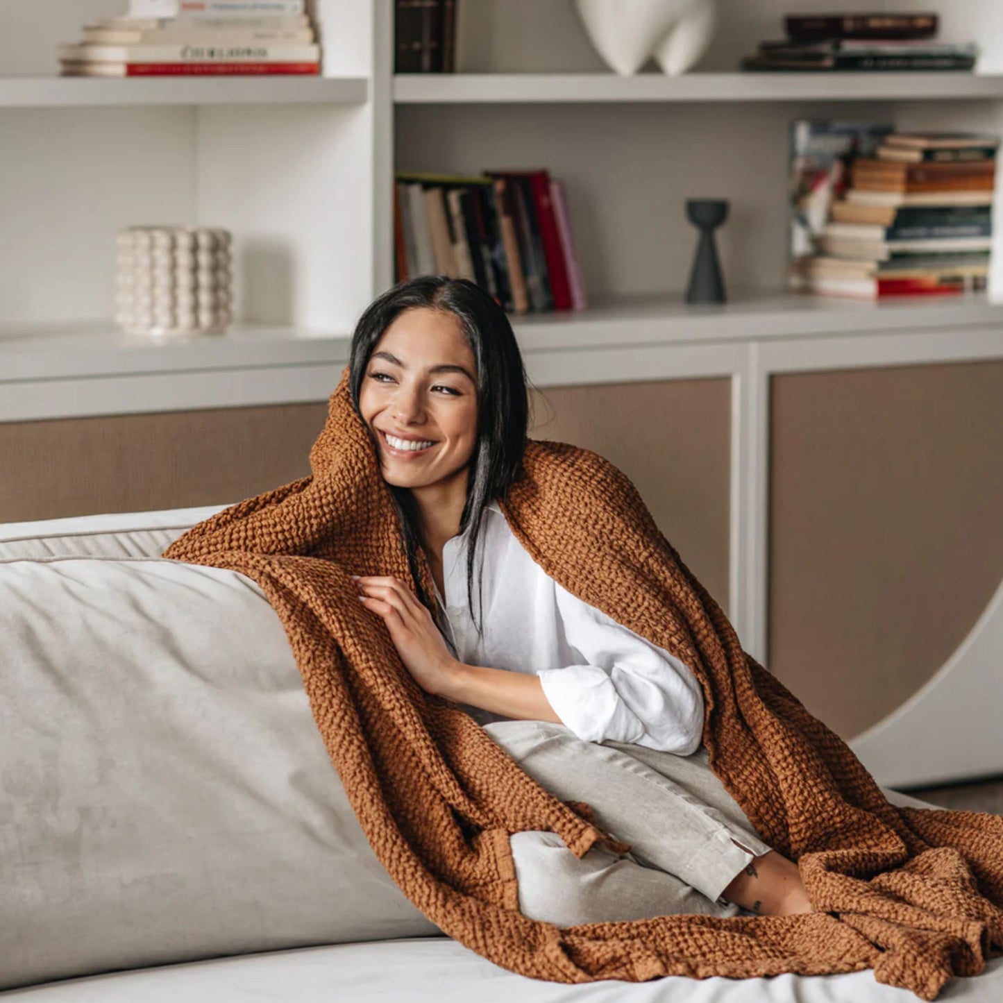 Linen Waffle Throw Blanket
