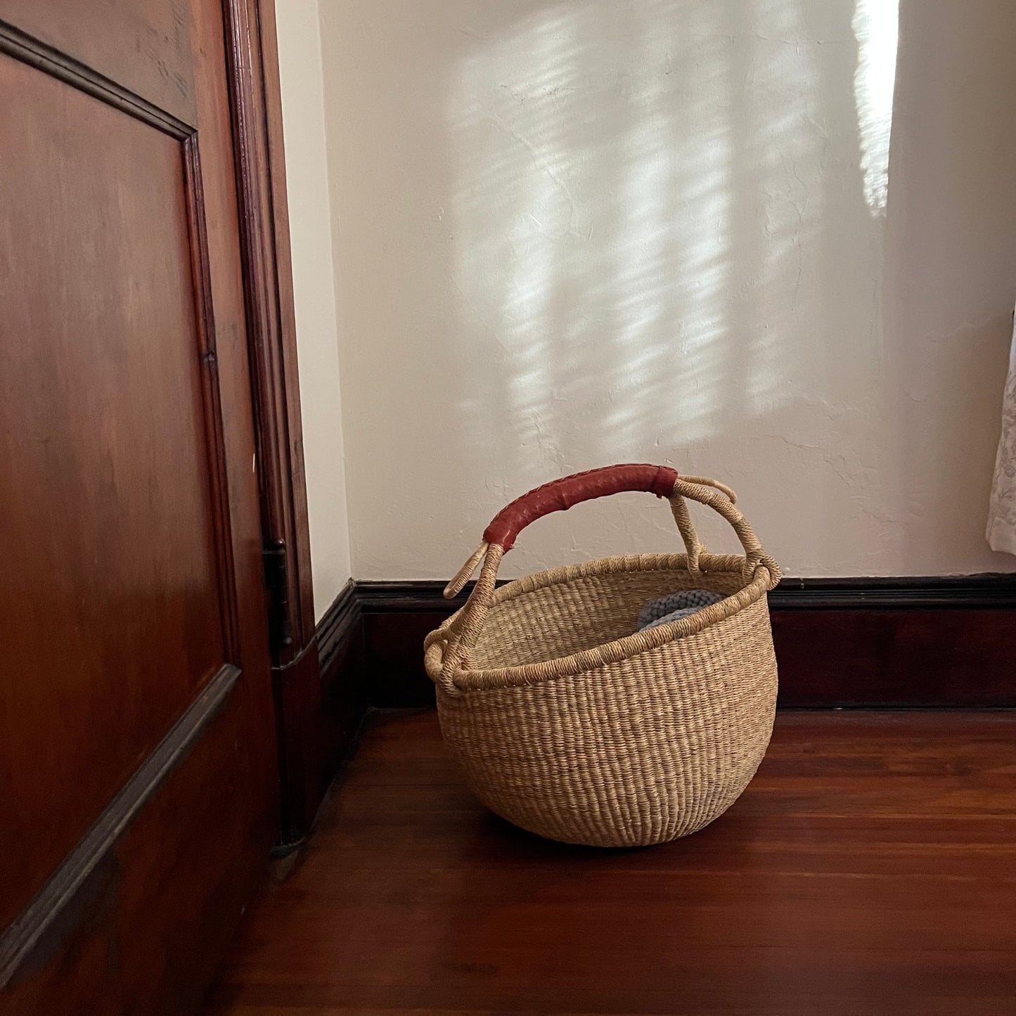 Large Natural Bolga Market Basket with Tan Leather Handle