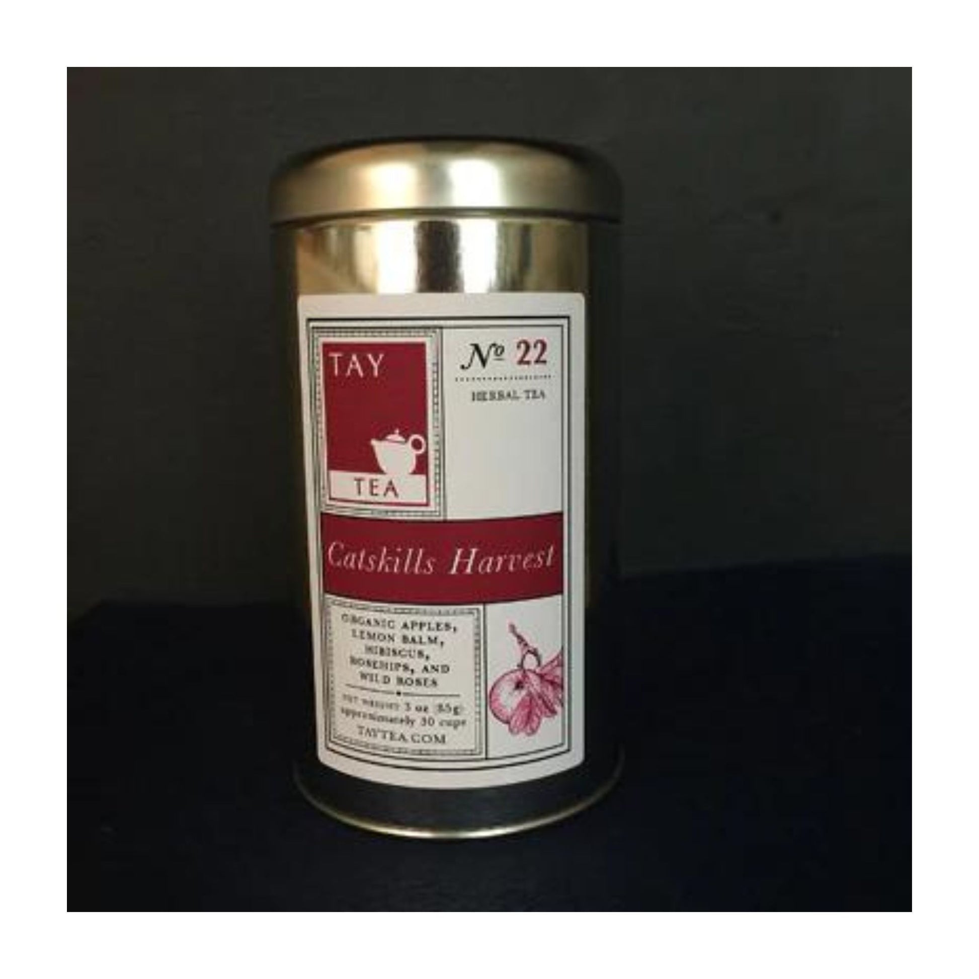 Catskills Harvest Wellness Tea from Tay Tea is an organic caffeine-free herbal blend, inspired by the bounty of the Catskill Mountains, consists of apple, sumac, rosehips, hibiscus, lemon verbena, and wild roses. 4 oz of loose tea is packaged in a resealable tin.