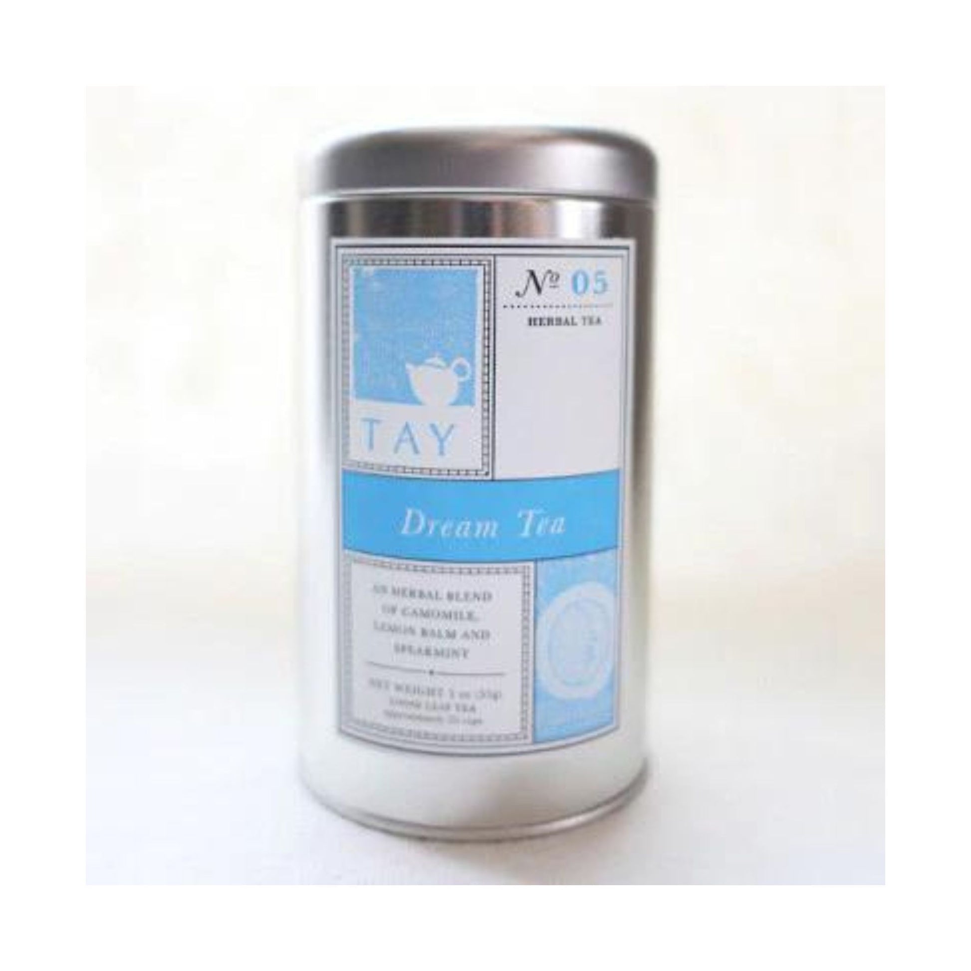 Dream Tea from Tay Tea made with chamomile, lemon balm and spearmint. 4 Oz. of loose tea is packaged in a resealable tin.