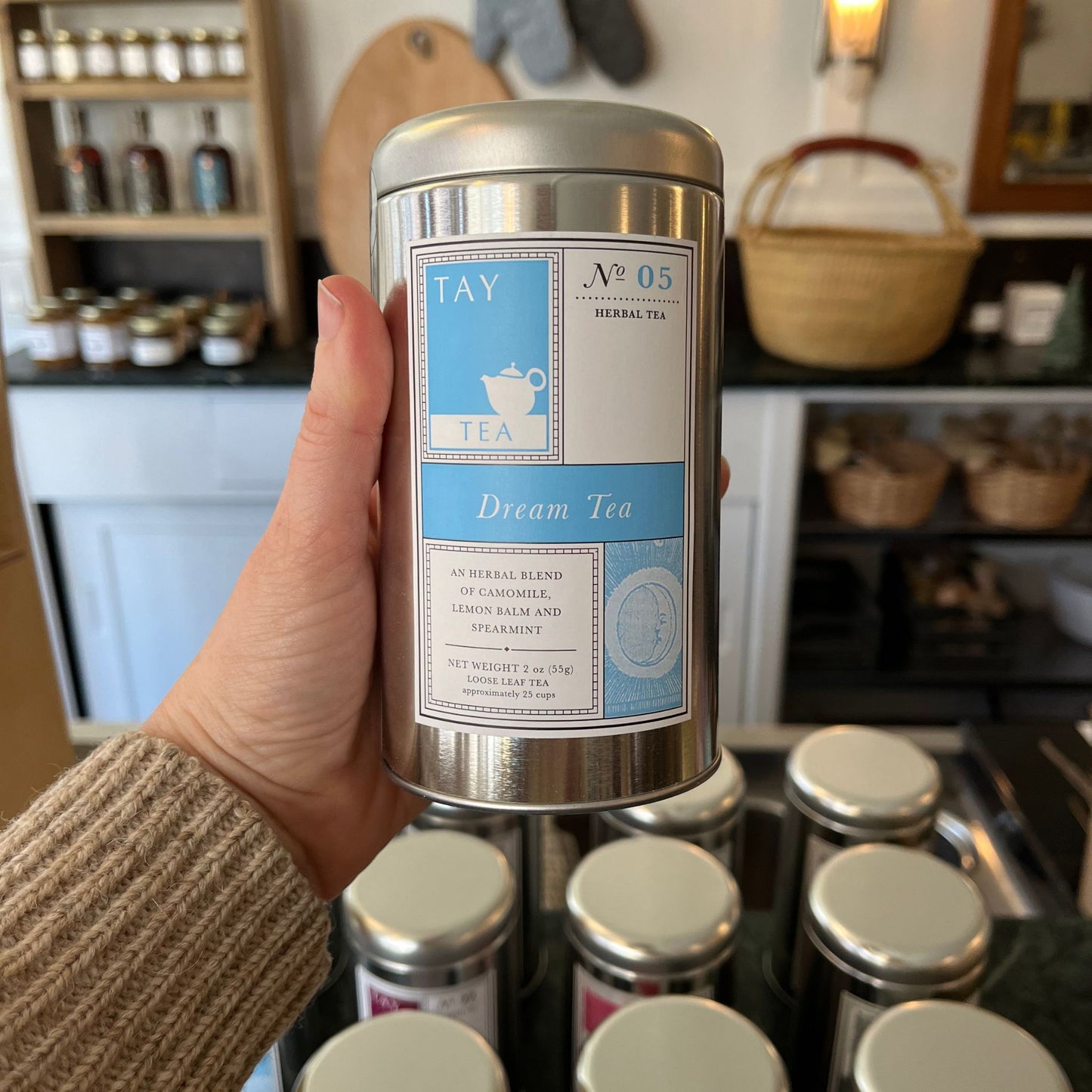 Dream Tea from Tay Tea made with chamomile, lemon balm and spearmint. 4 Oz. of loose tea is packaged in a resealable tin. 