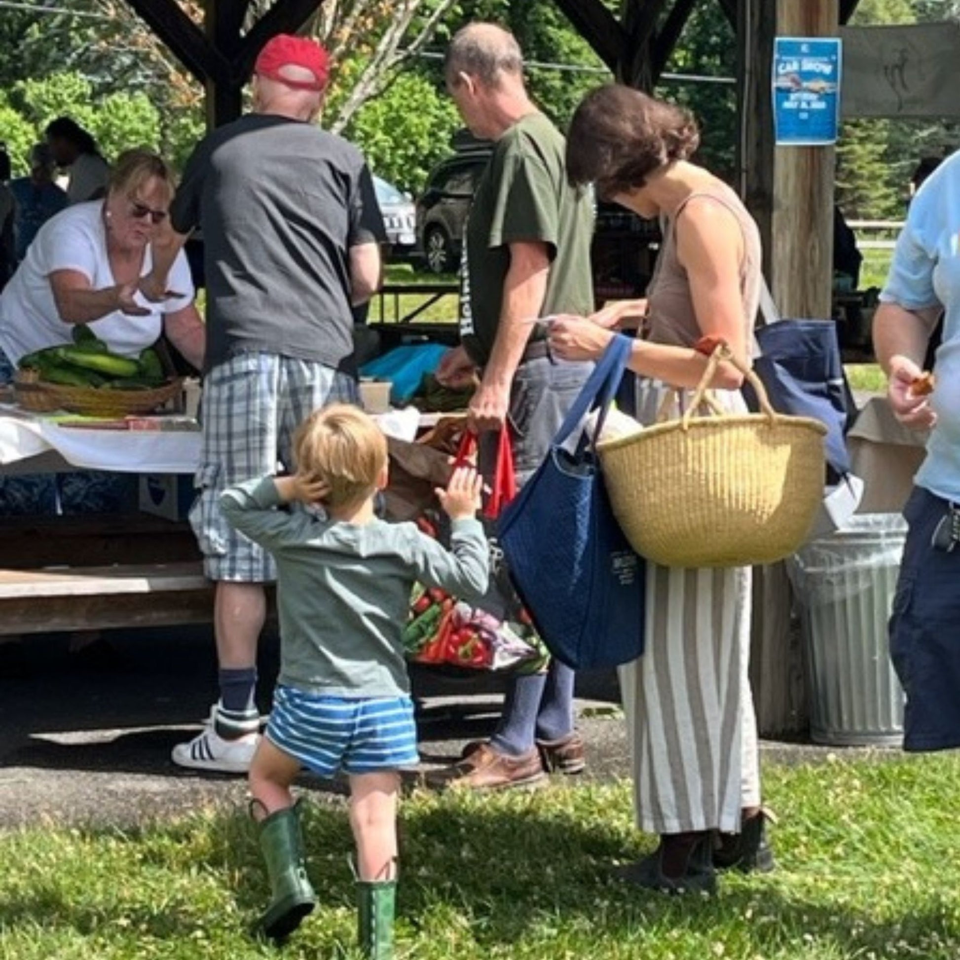 woman and child shopping Catskills farmers market with Kaaterskill bolga tote basket
