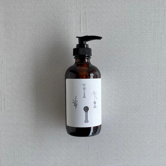Garden Mint Castile Liquid Soap in a 8oz amber glass bottle with plastic pump. Made with organic saponified oils, fragrant essential oils, and moisturizing aloe vera. Crafted in the Catskills