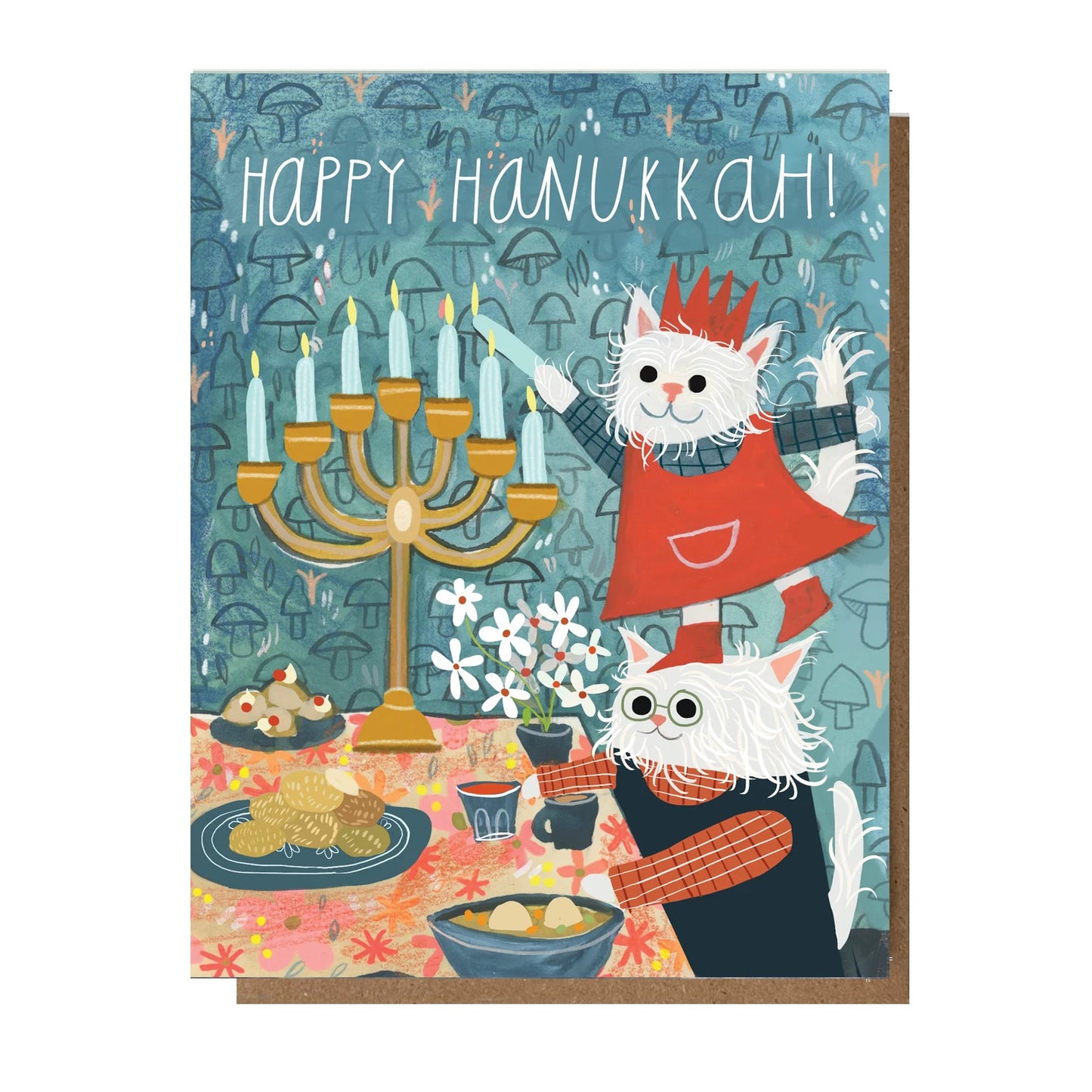 Folding card with illustration of two cats preparing for Hanukkah festivities