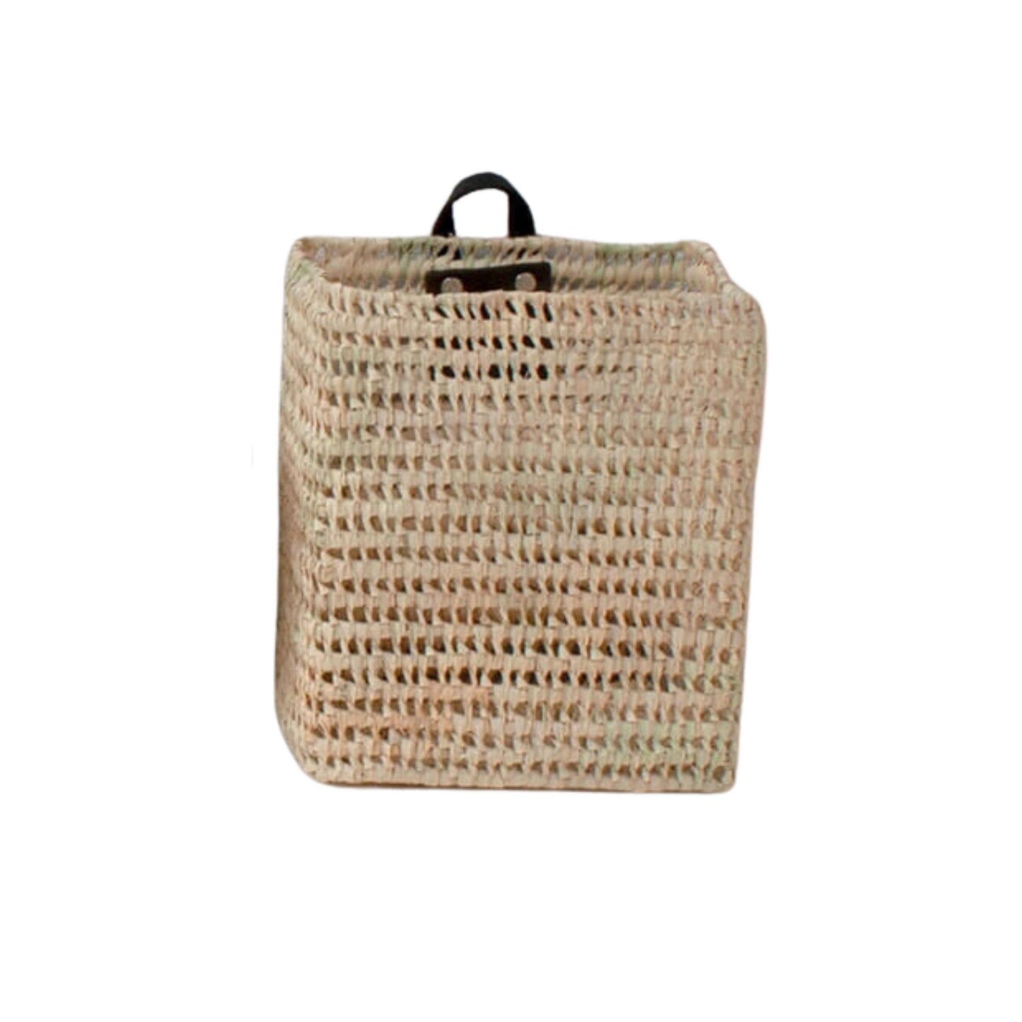 A rectangular hanging basket with a black leather handle.