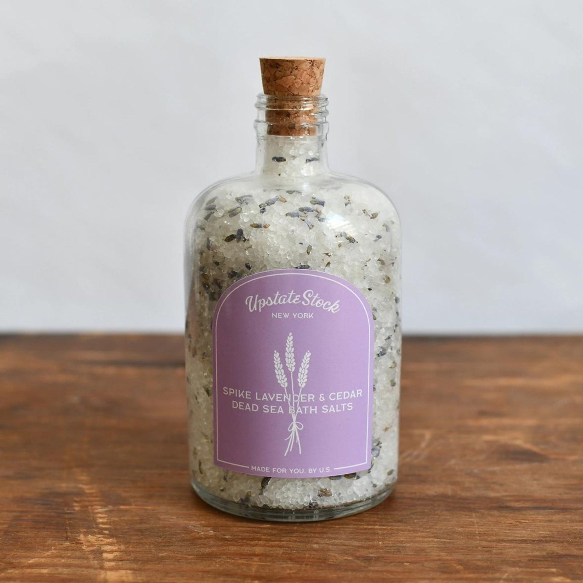 lavender cedar dead sea bath salts in glass jar with cork
