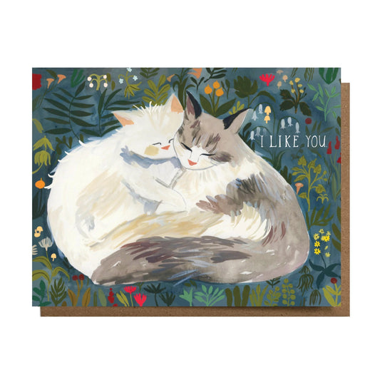 "I Like You" card, with two snuggling cats