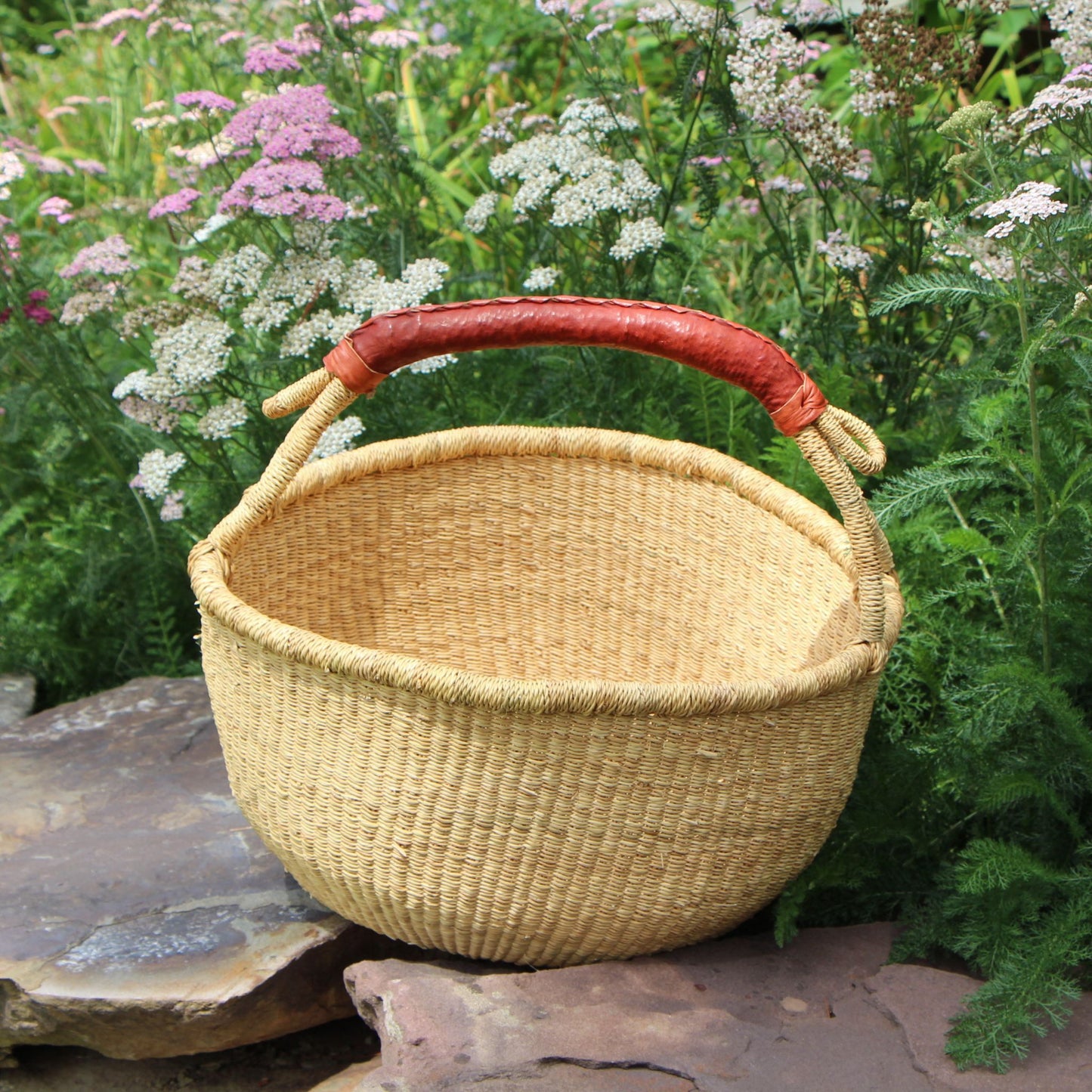 Large Natural Bolga Market Basket with Tan Leather Handle