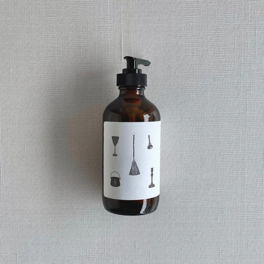 Siberian Fir Castile Liquid Soap in a 8oz amber glass bottle with plastic pump. Made with organic saponified oils, fragrant essential oils, and moisturizing aloe vera. Crafted in the Catskills