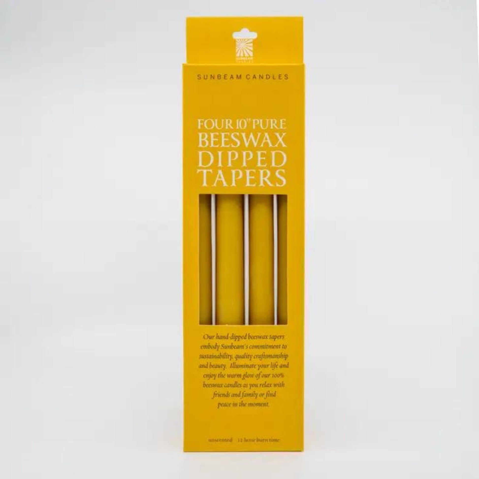 Beeswax Taper Candles Box of 4. Created using 100% pure beeswax, eco-friendly dyes, and a cotton wick. Burntime 12 hours each.