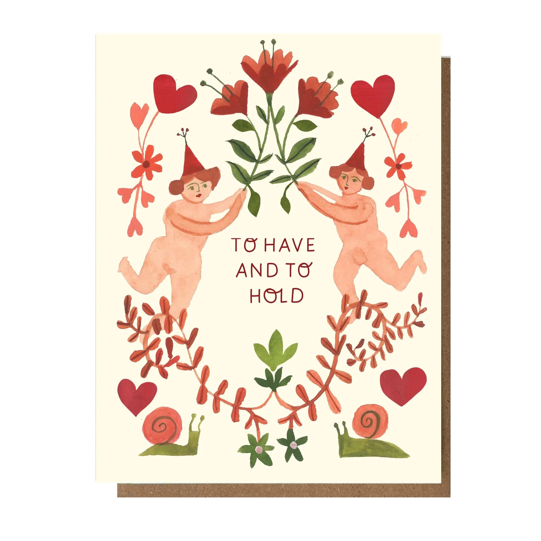"To Have and To Hold" illustrated card featuring two spritely beings heralding flowers