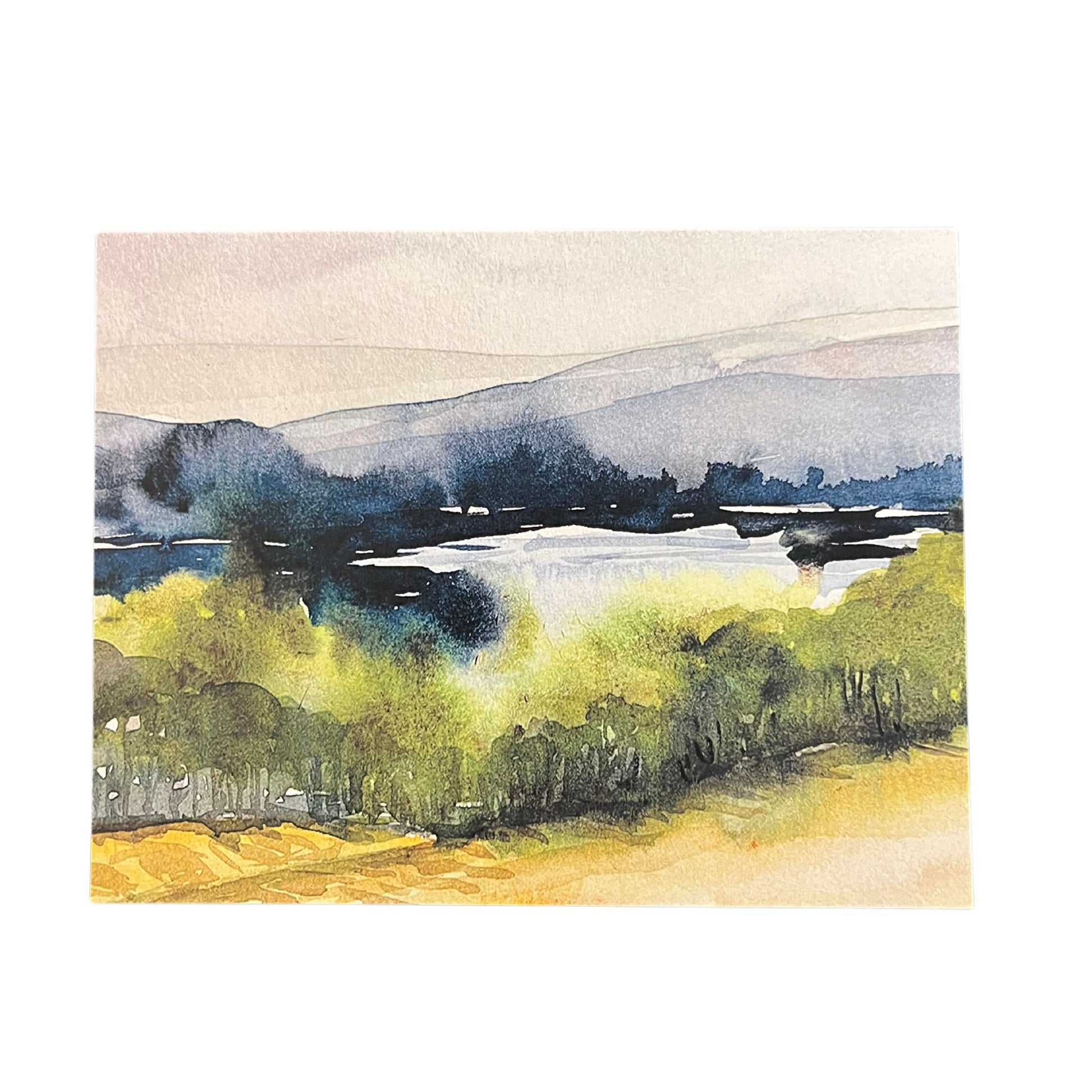 A blank greeting card depicting the Catskill mountains from Olana. This Hudson Valley artist, Laura Avello, creates this imagery by mixing watercolor and printmaking. Comes with a white envelope.
