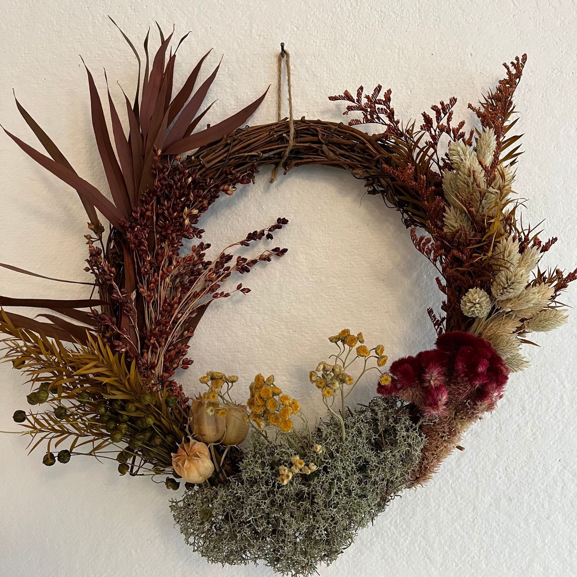 Dried Floral Wreath with Eucalyptus handmade in Catskill NY. 11.5 x 10 Inches. 