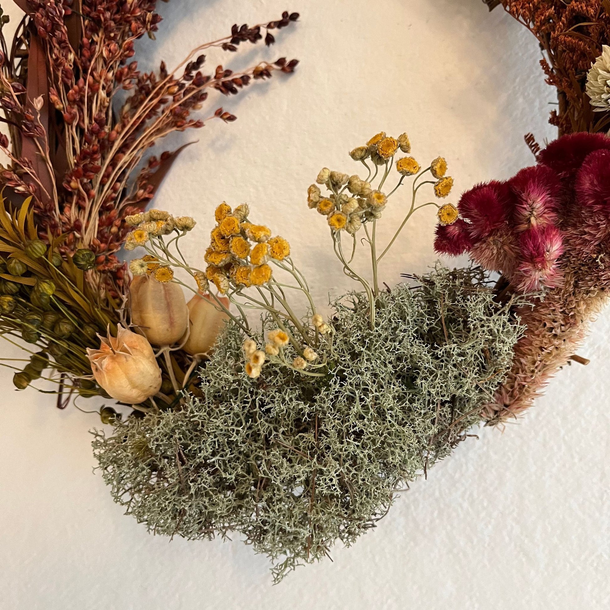Dried Floral Wreath with Eucalyptus handmade in Catskill NY. 11.5 x 10 Inches.