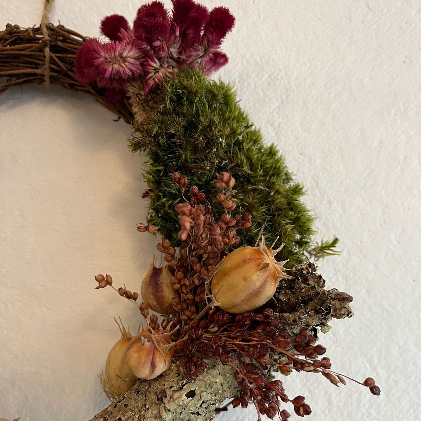 Dried Floral Wreath with variation of different Moss handmade in Catskill NY. 11.5 x 10 Inches