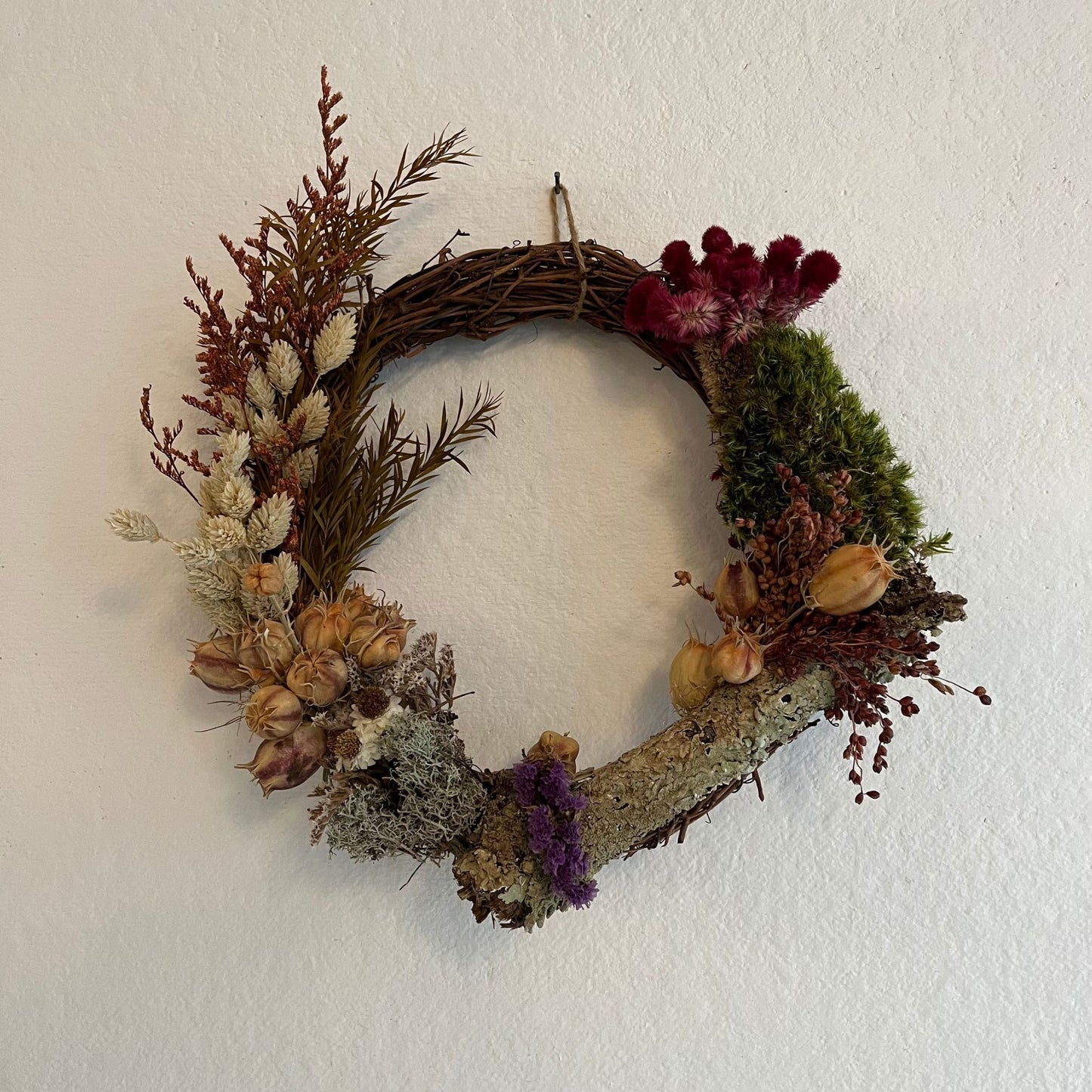 Dried Floral Wreath with variation of different Moss handmade in Catskill NY. 11.5 x 10 Inches