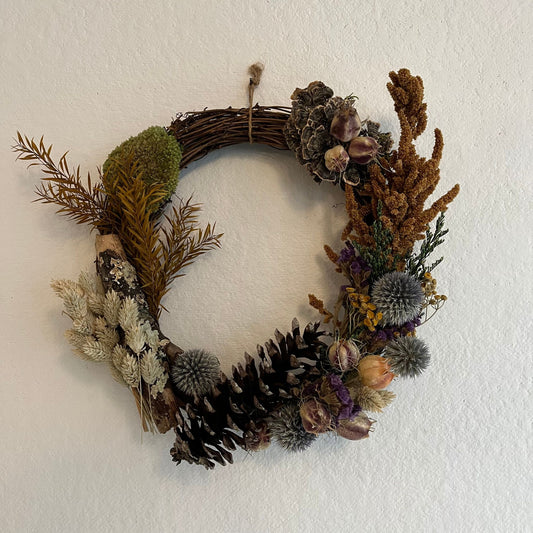 Dried Floral Wreath with variation of different pine cones handmade in Catskill NY. 11.5 x 10 Inches