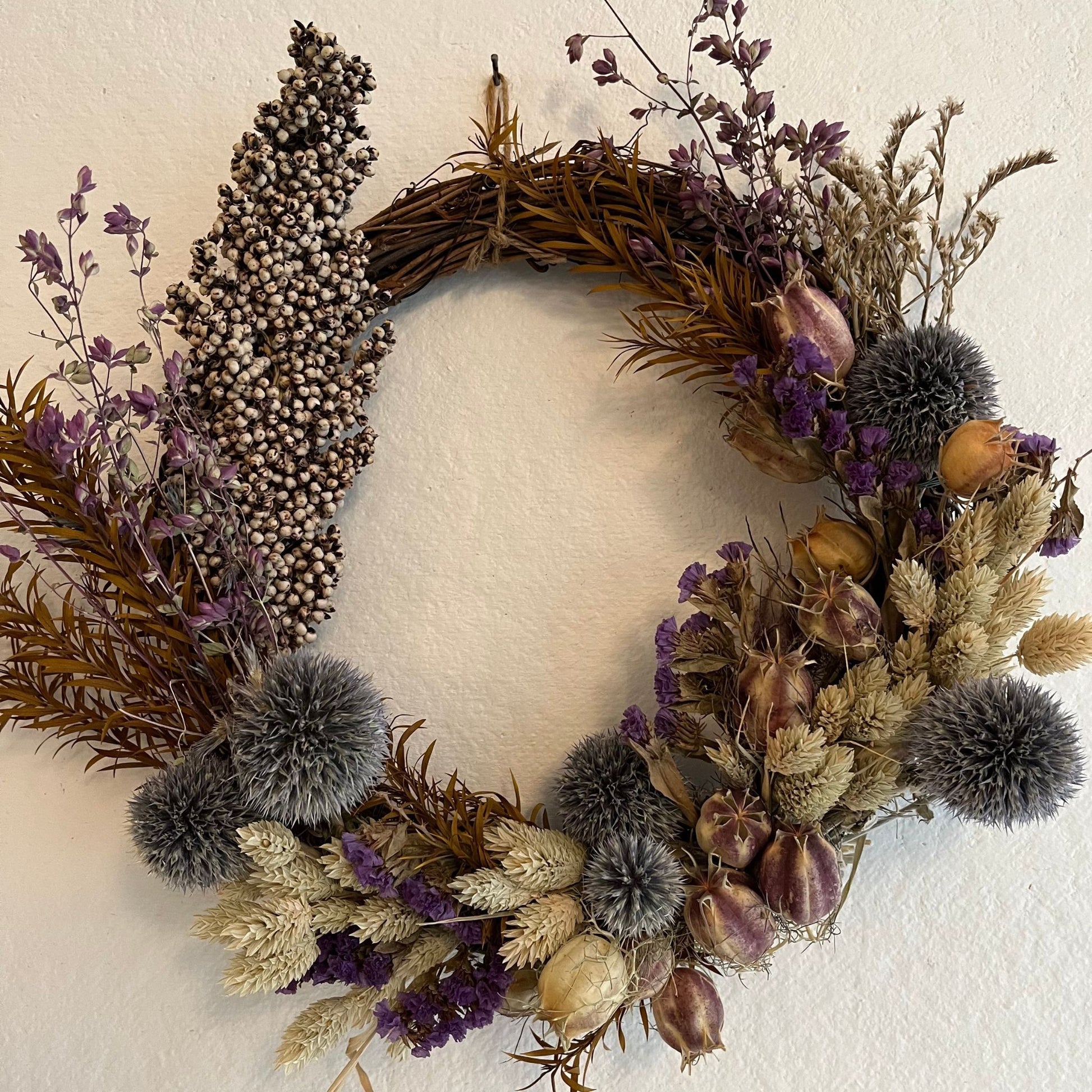 Dried Floral Wreath with Echinops handmade in Catskill NY. 11.5 x 10 Inches