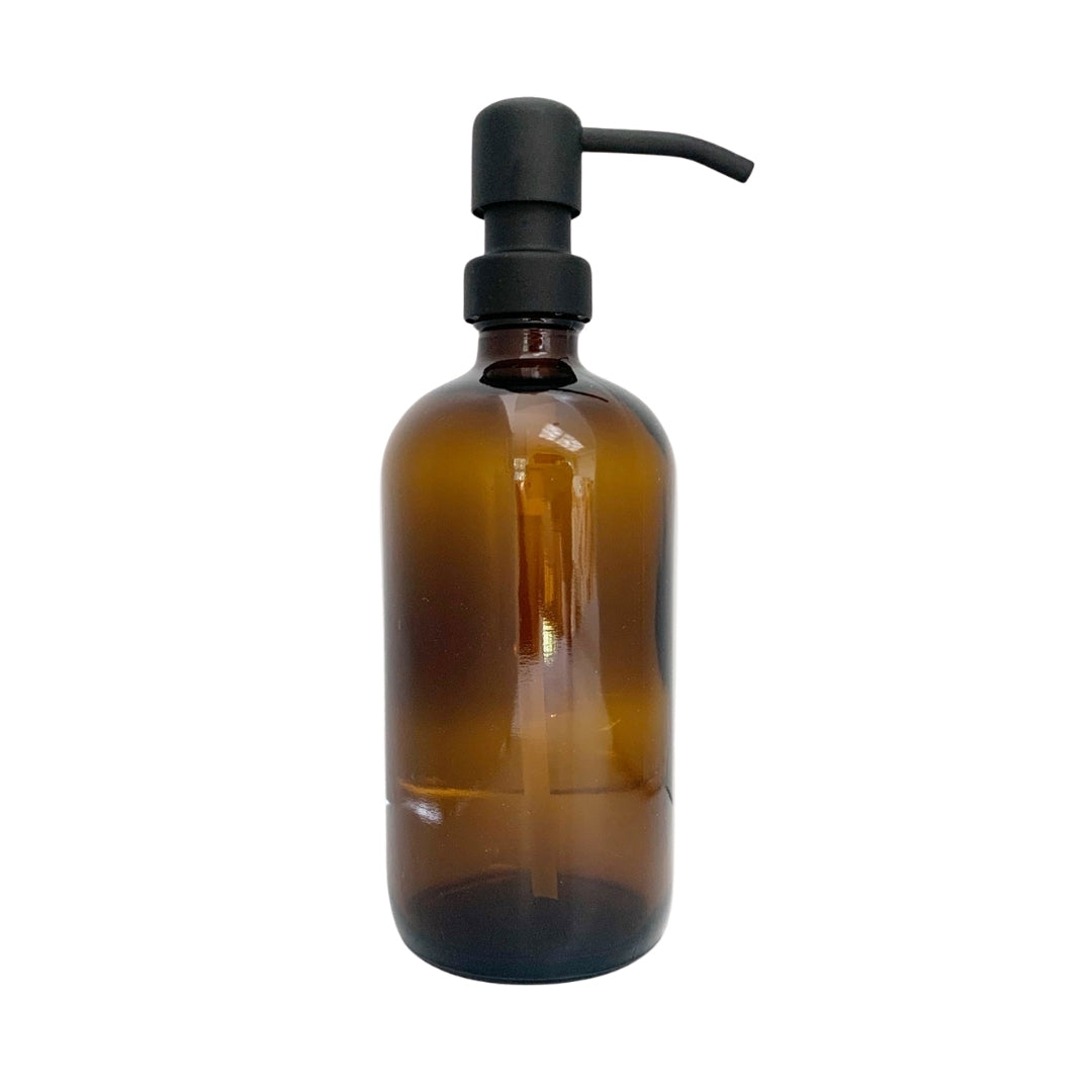 amber glass soap lotion dispenser with black metal pump 