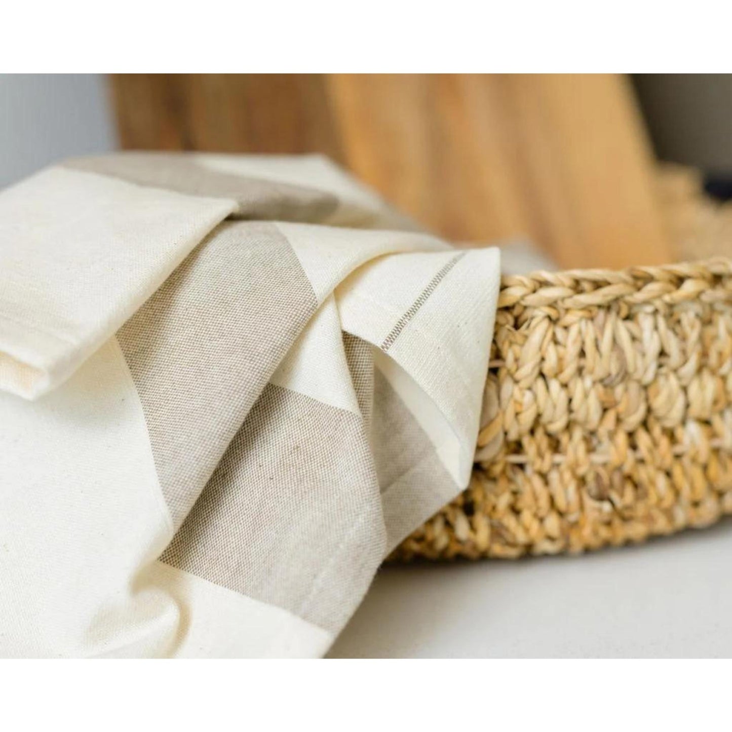 100% handwoven soft cotton kitchen towel in beige stripe with hanging loop
