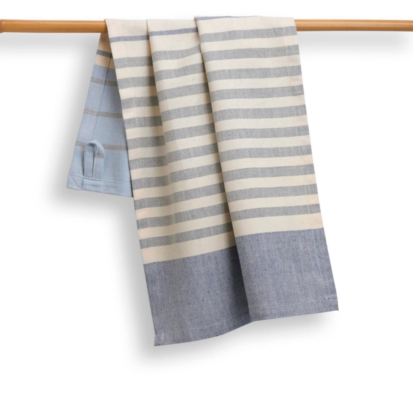 100% handwoven soft cotton kitchen towel in blue stripe with hanging loop