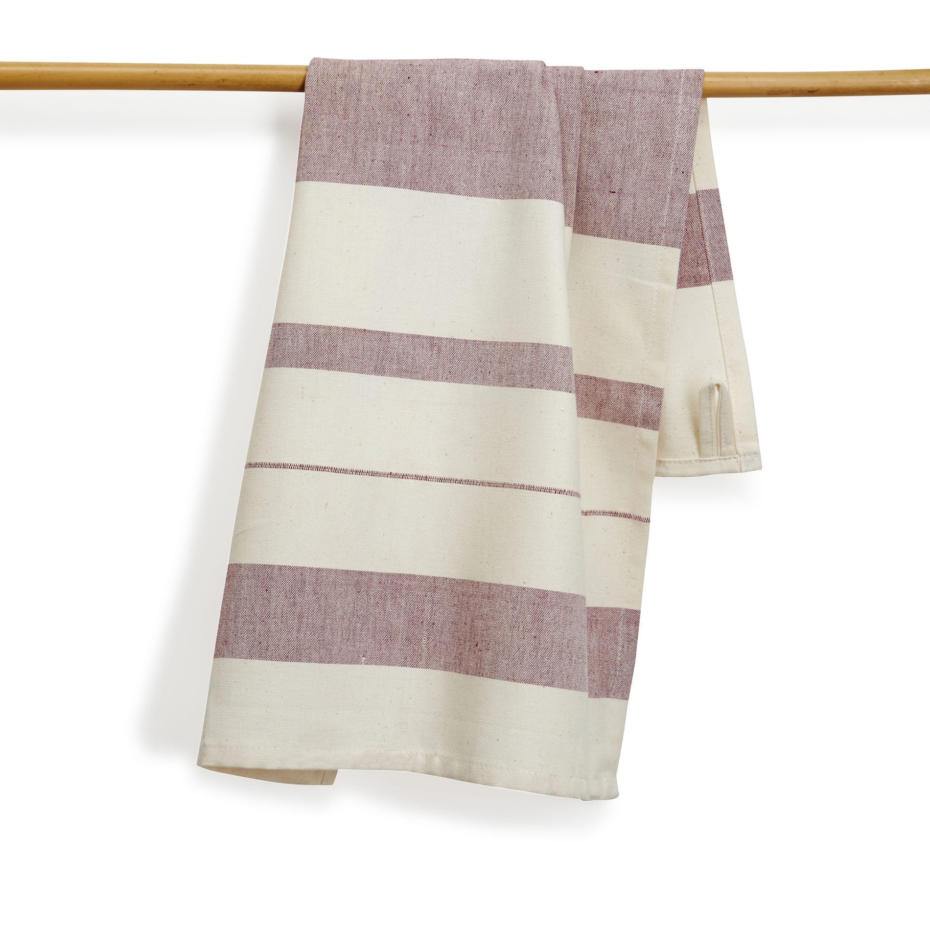 100% handwoven soft cotton kitchen towel in cranberry stripe with hanging loop