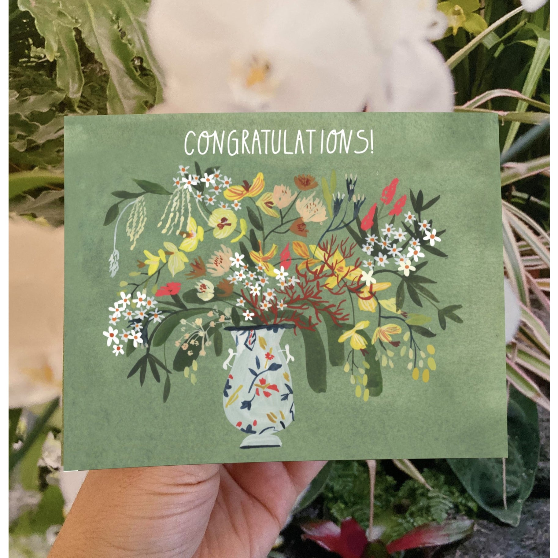 Folding card with illustration of flower bouquet in painted vase Congratulations! written above