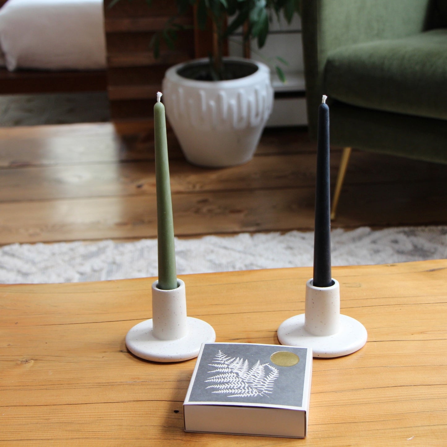 2 wheel-thrown stoneware ceramic candlesticks with white speckle glaze