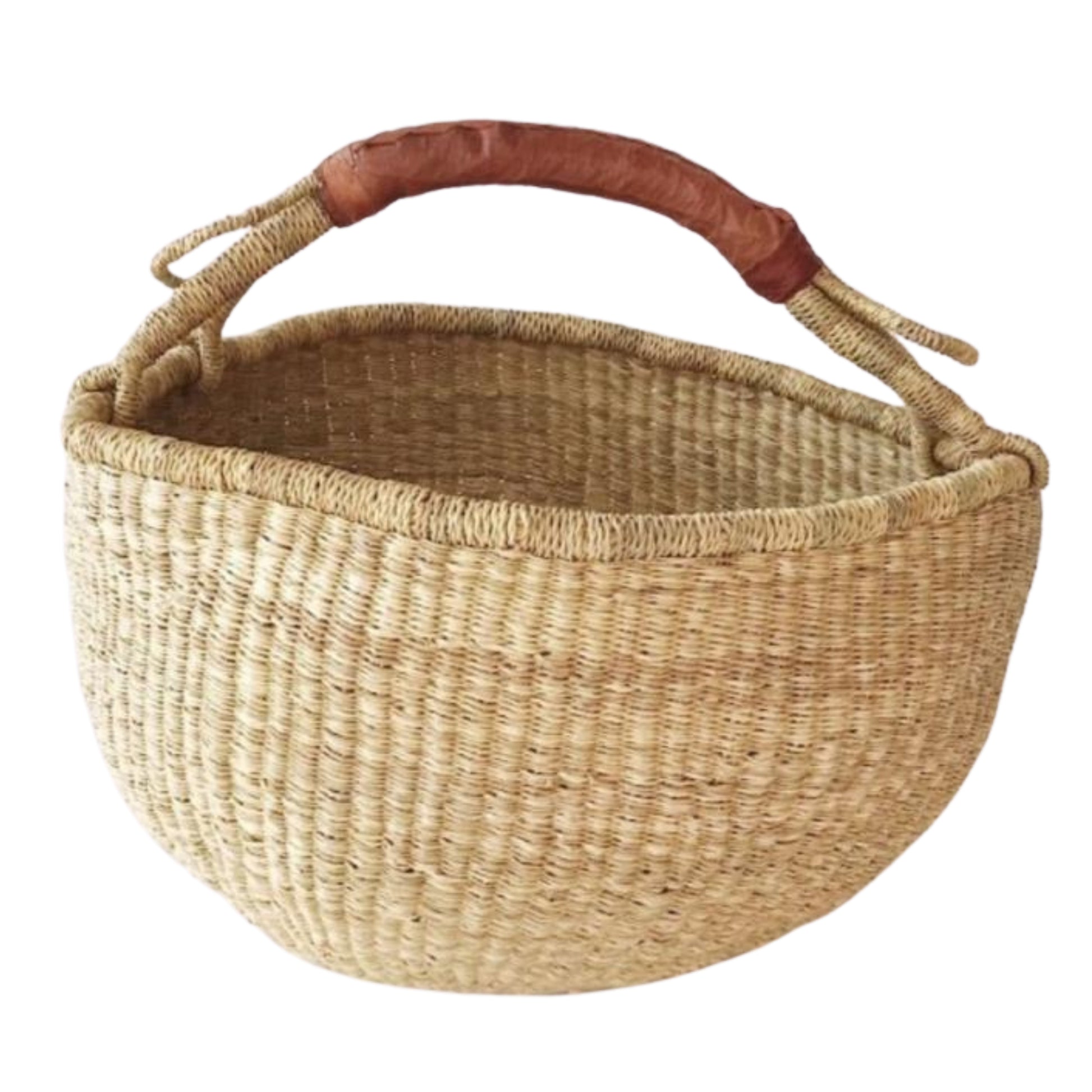 15-inch handwoven Bolga basket in natural color with leather handle