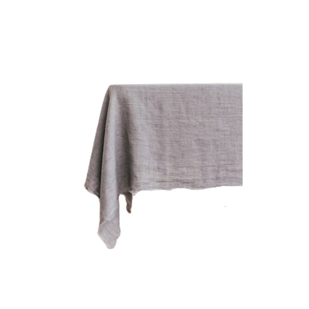 84 x 60 inch soft stonewashed linen table cloth with fringe edge shown in oyster gray