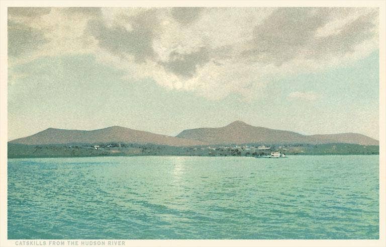 vintage postcard hand-colored photo of hudson river and catskill mountains