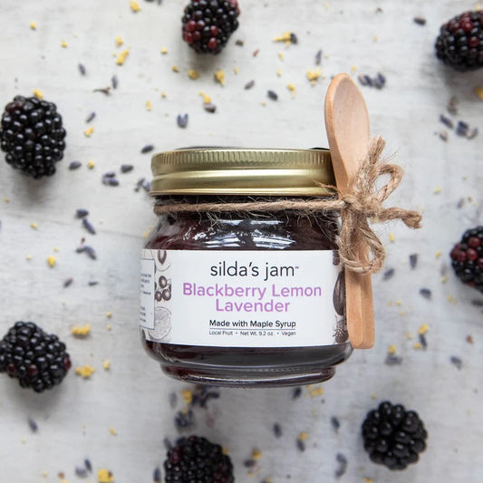 Jar of all-natural vegan Blackberry Lemon Lavender jam sweetened with maple syrup