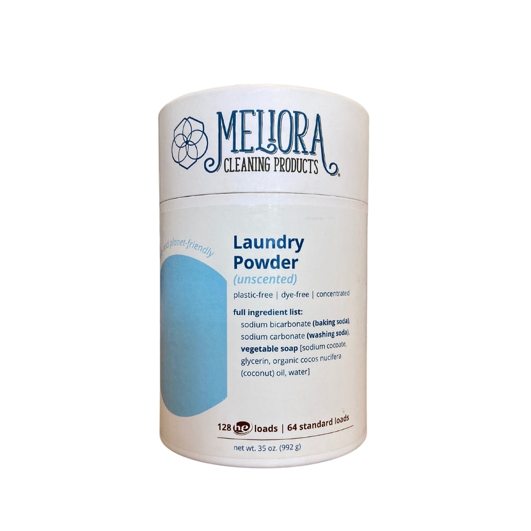 laundry powder free from synthetic fragrances, dyes, preservatives, and brighteners in 35-ounce plastic-free container