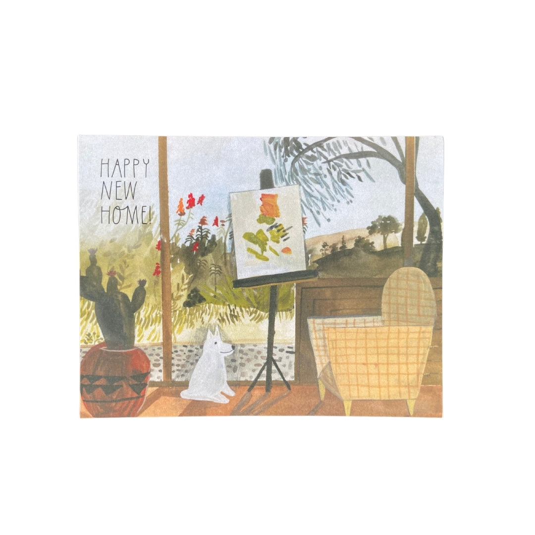 Folding card with illustration of scenic landscape, white dog, and painting on easel Happy New Home! written above