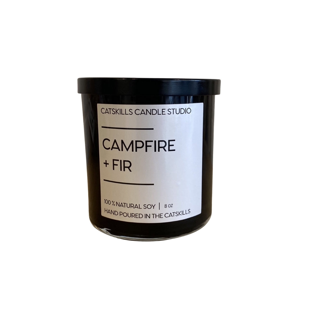 9-ounce hand-poured jar candle with lid made of natural soy and scents of fir trees, sandalwood, and saffron