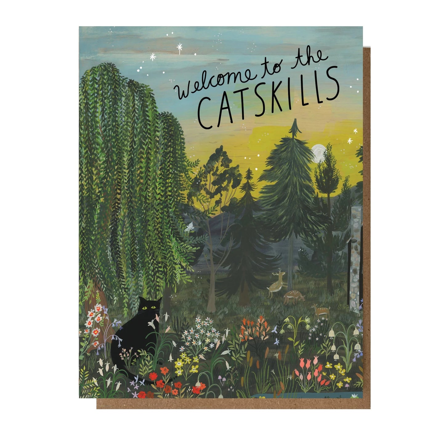 Folding card with illustration of an enchanted forrest with Welcome to the Catskills written above