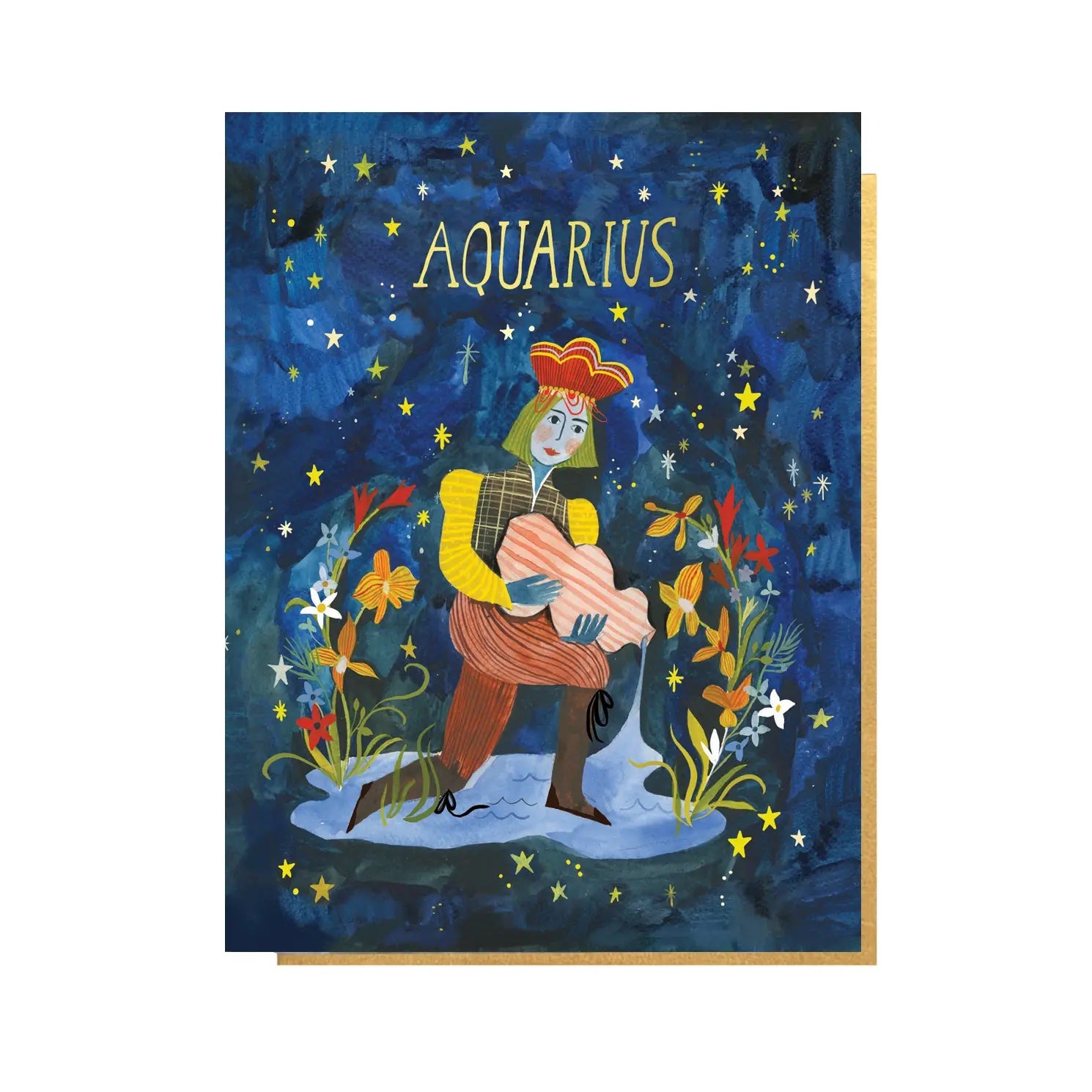 Folding card with illustration of a water-bearer, flowers and starry sky Aquarius written above