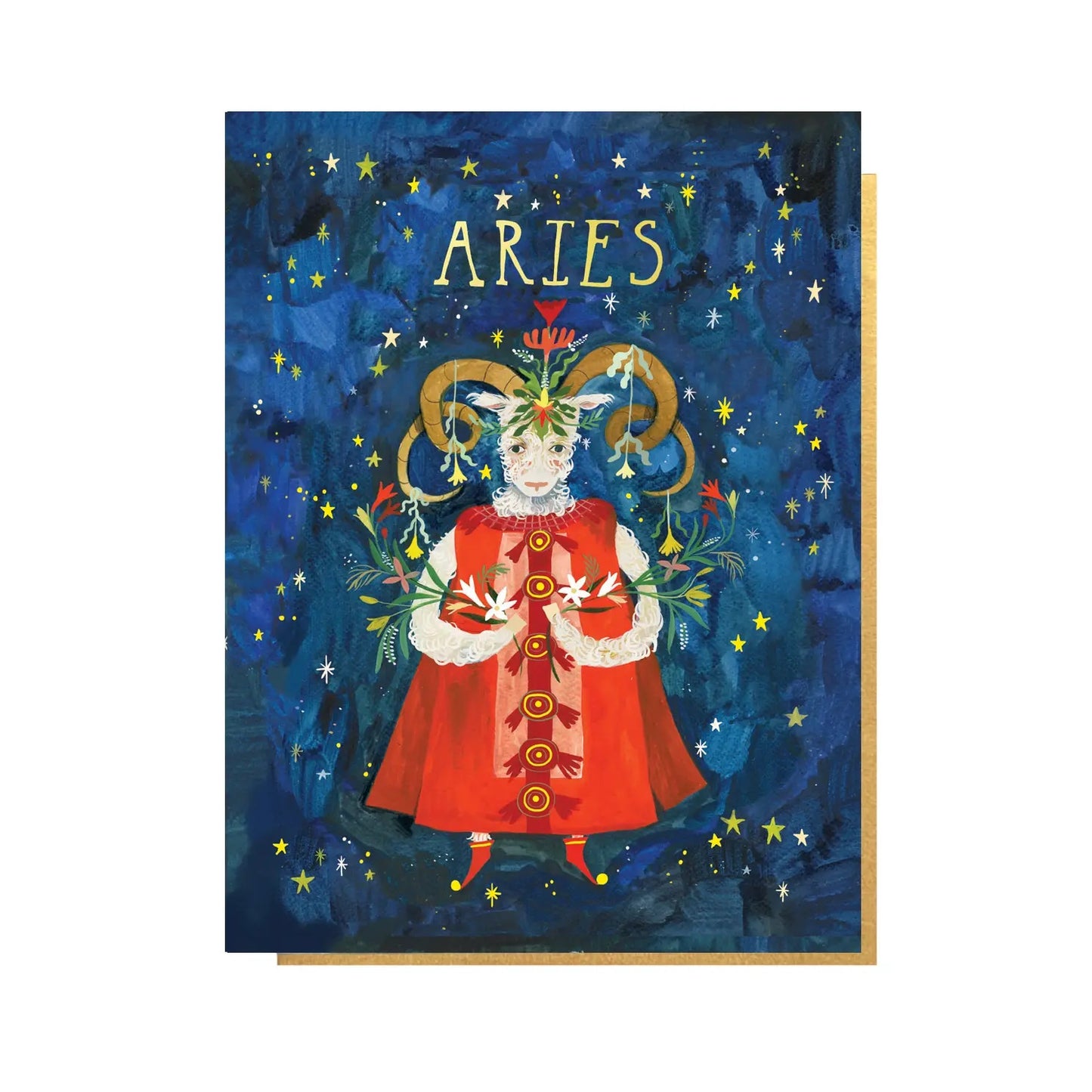 Folding card with illustration of a ram, flowers and starry sky Aries written above