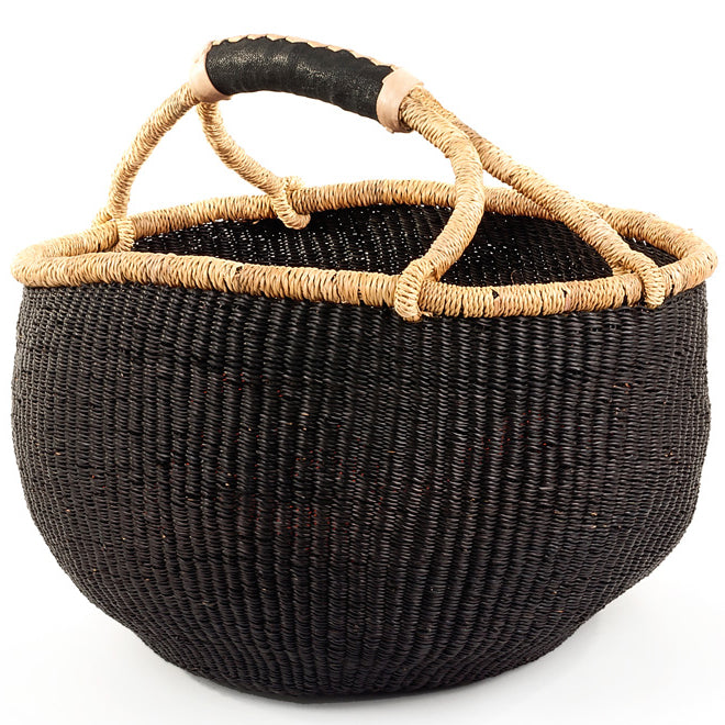 15-inch handwoven Bolga basket in black color with genuine leather handle