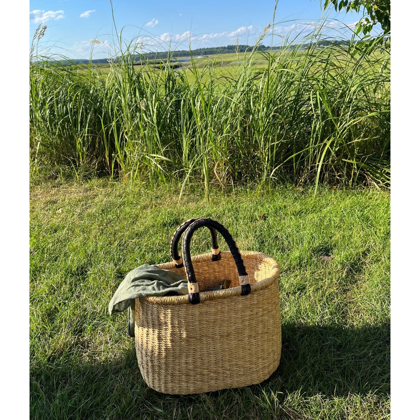 Oval Natural Bolga Tote Basket with Leather Handle