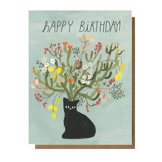 Folding card with illustration of black cat and flowering cactus Happy Birthday! written above