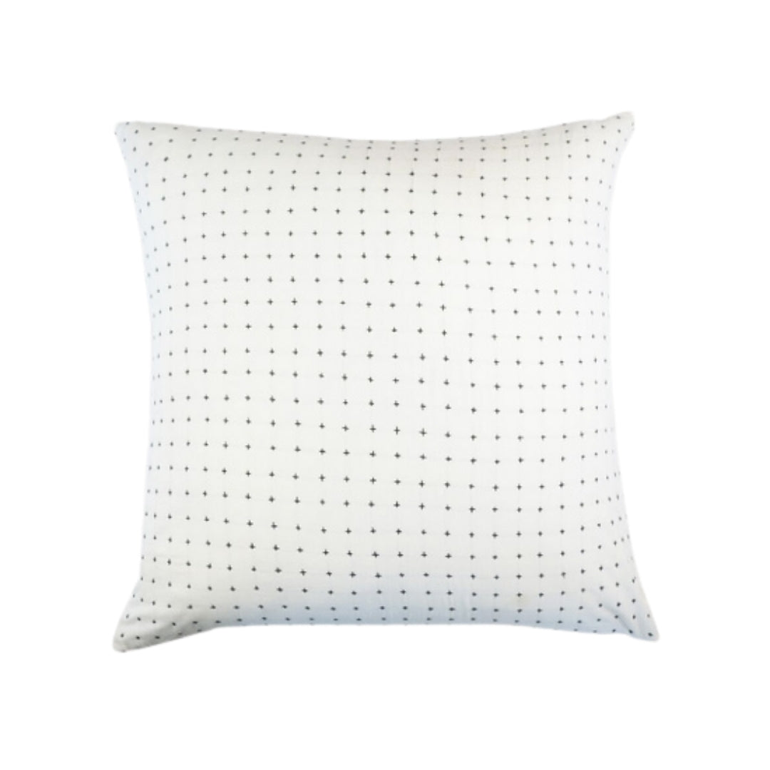 22” hand-embroidered cotton square throw pillow filled with goose down and duck feathers in bone white color