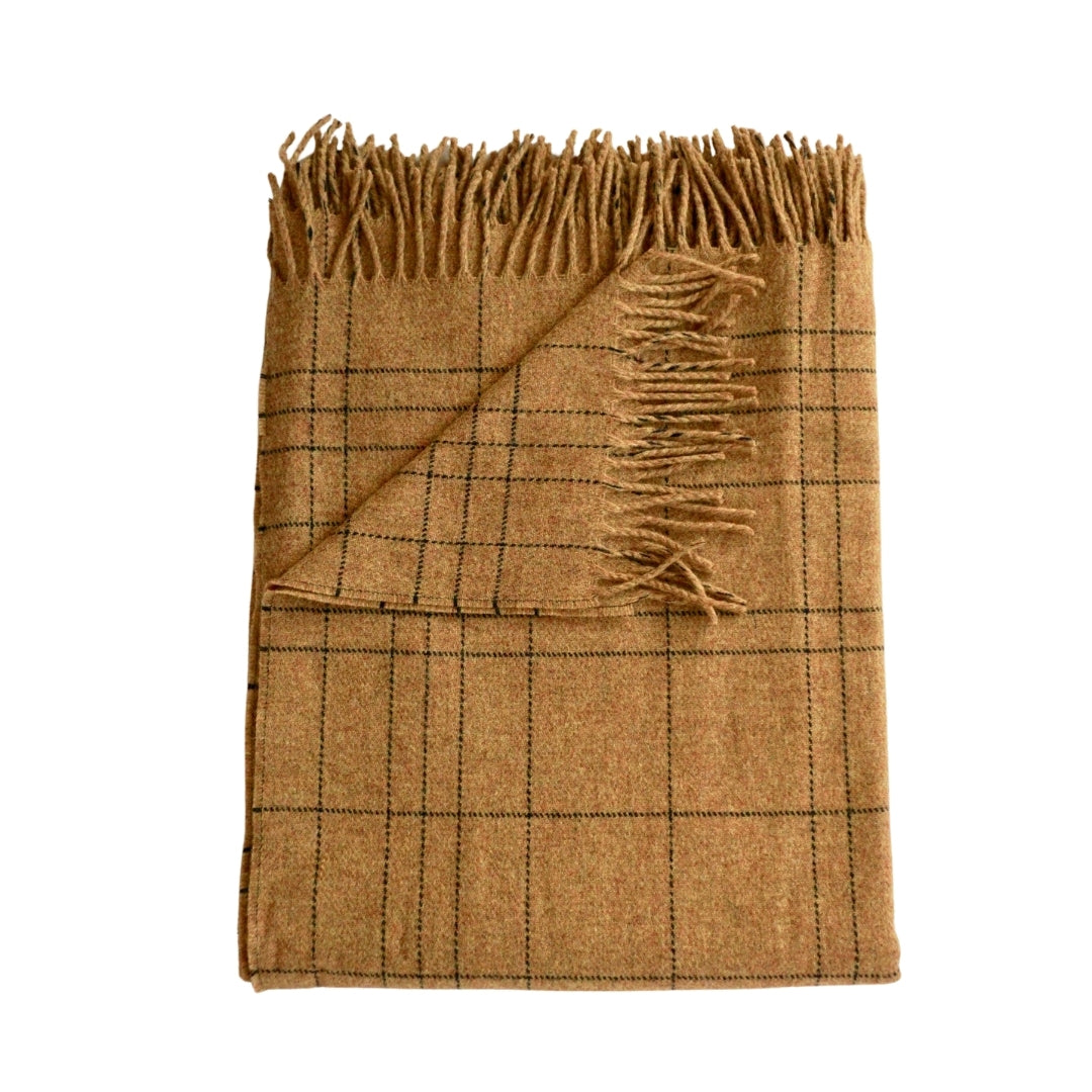 Cozy 100% Merino Lambswool throw blanket in honey color in check pattern