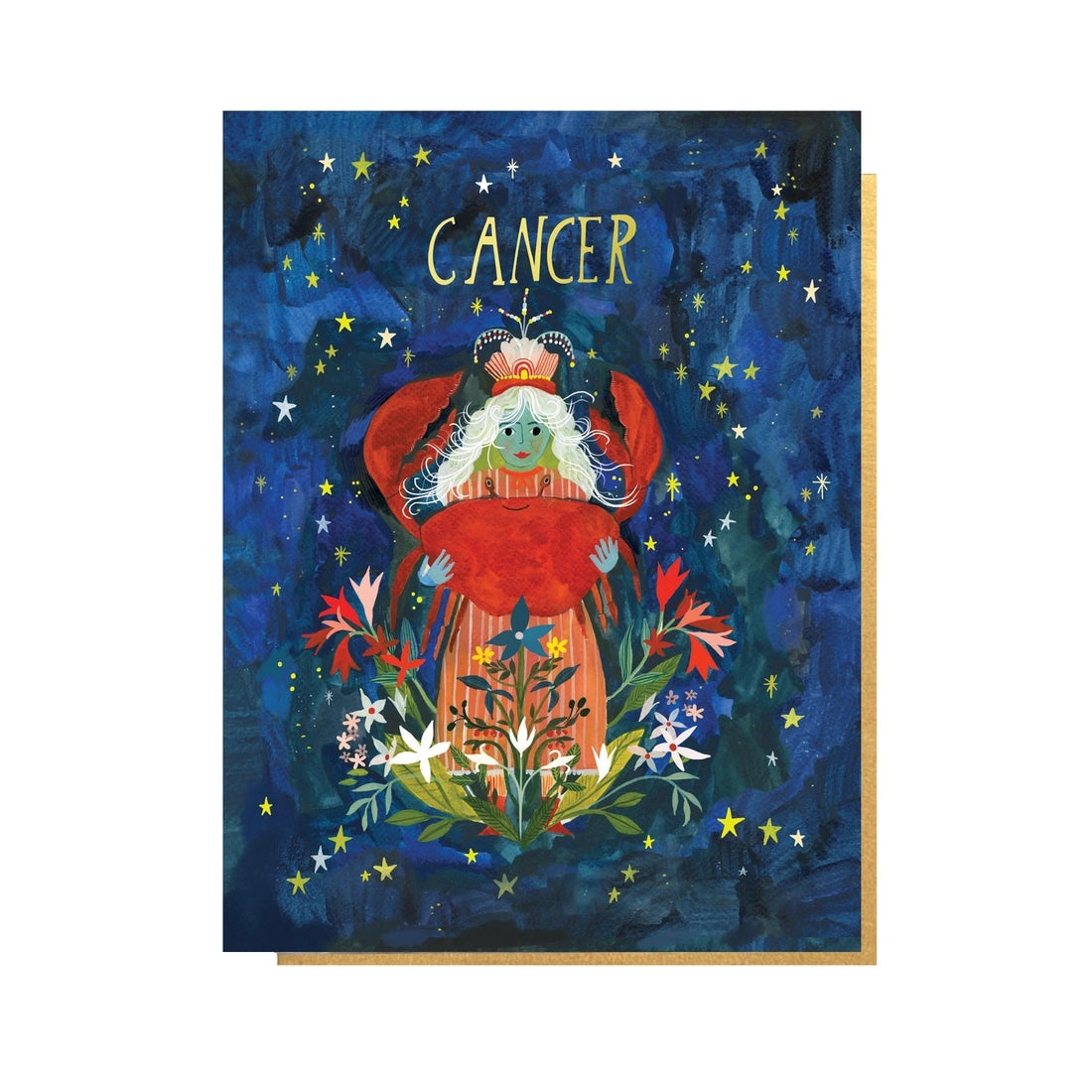 Folding card with illustration of a woman holding a large red crab in starry sky Cancer written above