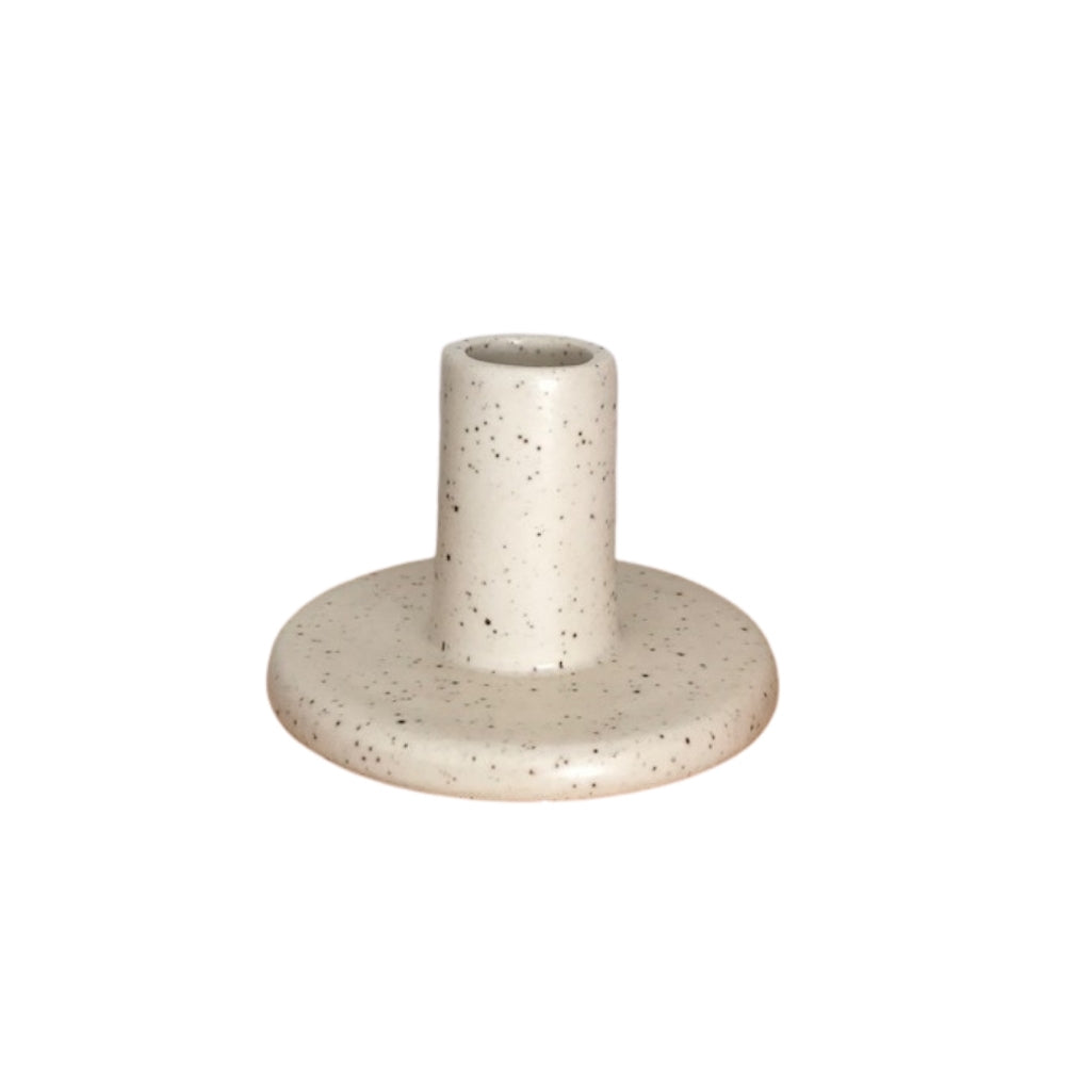 wheel-thrown stoneware ceramic candlestick with white speckle glaze