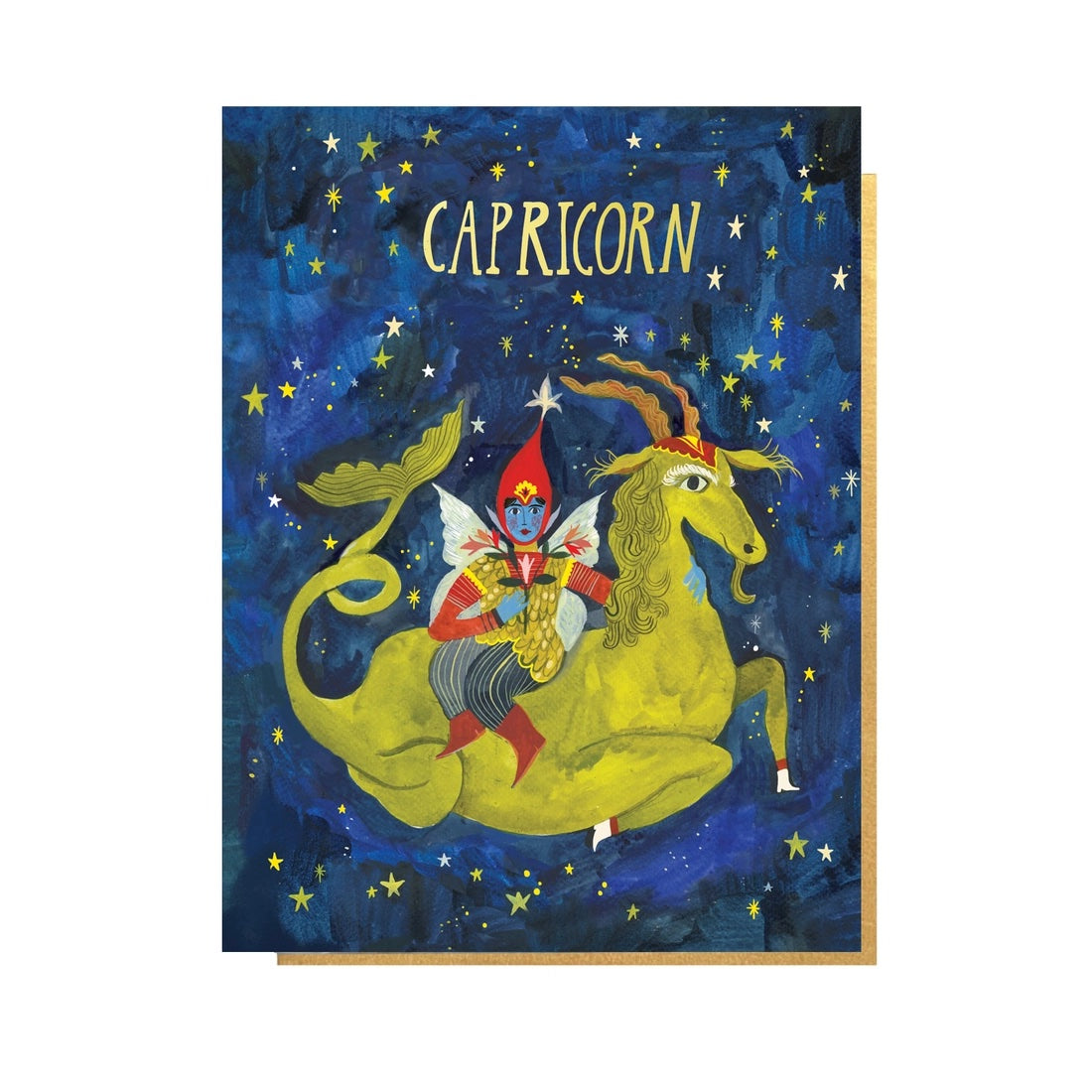 Folding card with illustration of fairy riding a sea-goat in a starry sky Capricorn written above
