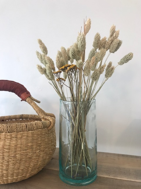 recycled glass vase with dried florals