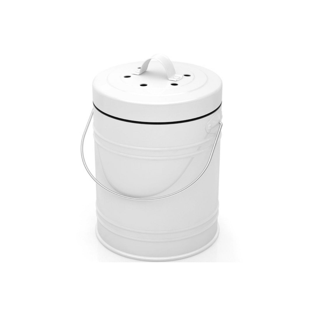 Dishwasher safe gallon size metal compost bin with plastic liner and easy-lift lid