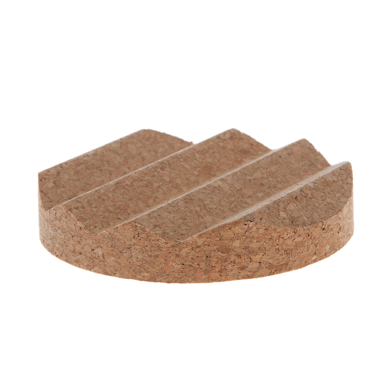 4" diameter round cork soap dish with grooves to keep the soap dry and easily drain