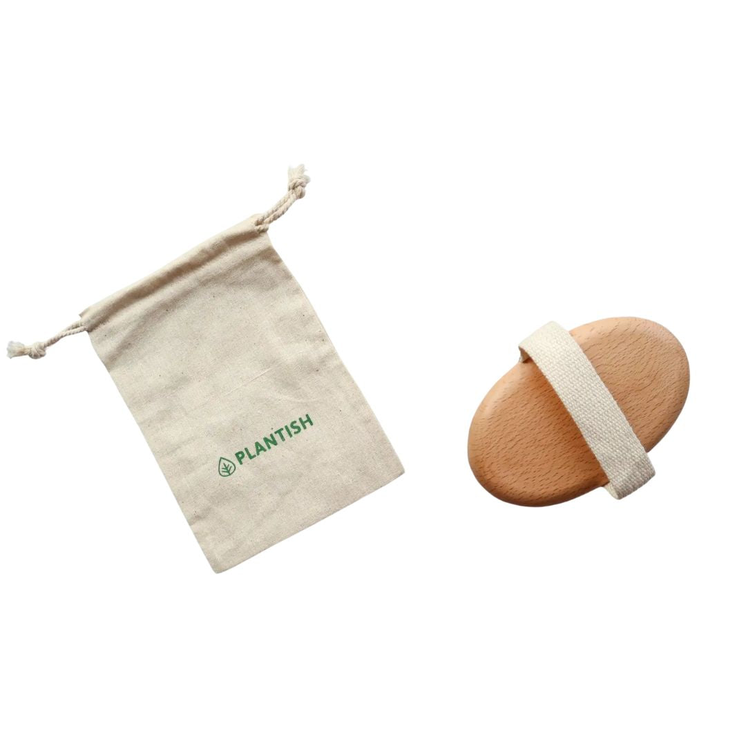 Dry body brush with hand strap and drawstring storage bag